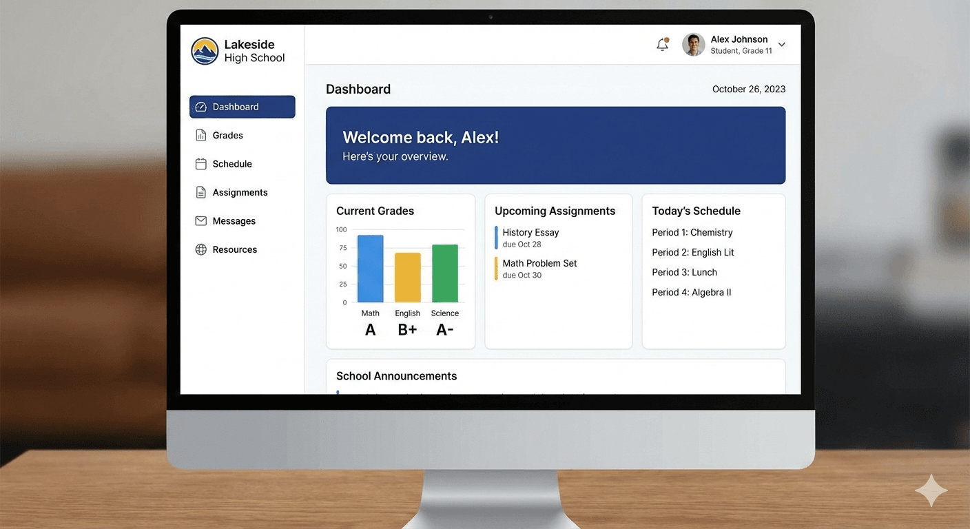 Dashboard interface showing charts and student statistics on a clean white background